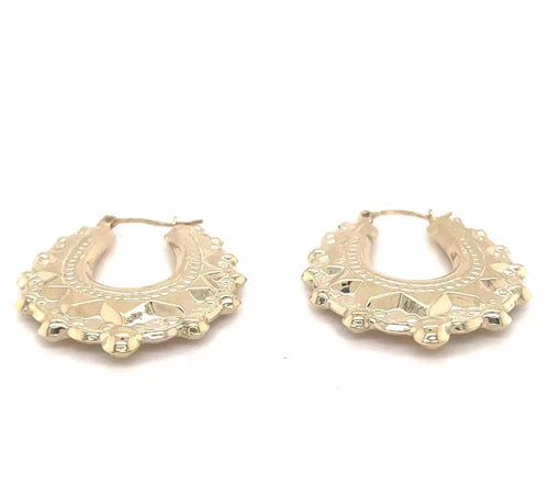 9ct Gold Earring, Creole Earrings, Victorian Style Spiked, Oval Creole Hoop Earrings 24x27mm