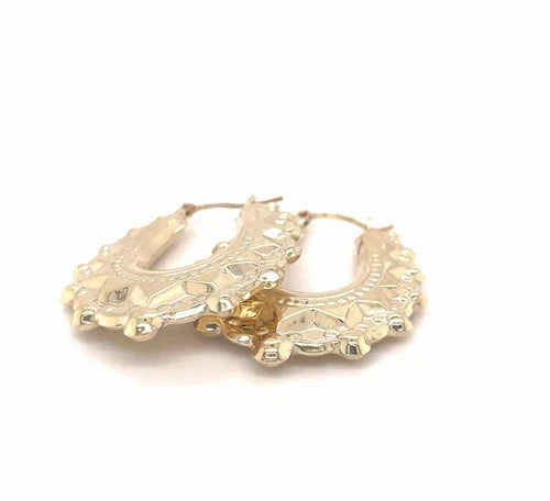 9ct Gold Earring, Creole Earrings, Victorian Style Spiked, Oval Creole Hoop Earrings 24x27mm