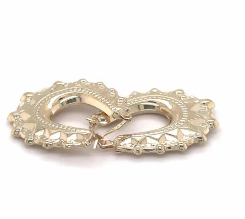 9ct Gold Earring, Creole Earrings, Victorian Style Spiked, Oval Creole Hoop Earrings 24x27mm