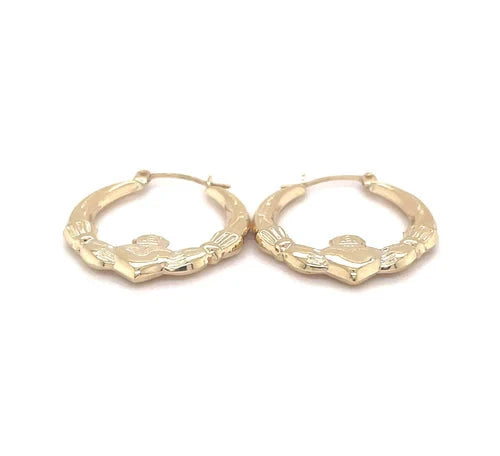 Ladies 9ct Yellow Gold Victorian, Claddagh Creole Hoop, Creole Earrings