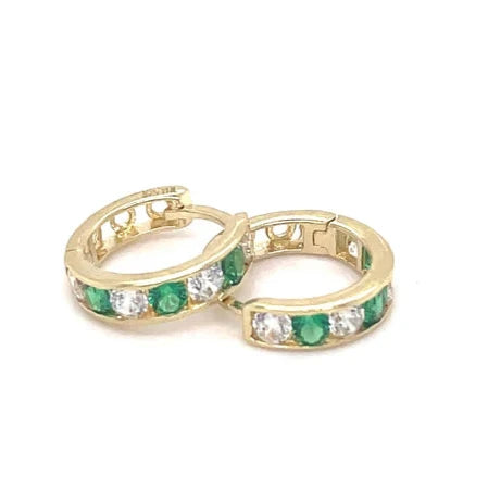 9ct Yellow Gold Emerald, Huggie Hinged Hoop Earrings, Gold Hinged Earrings