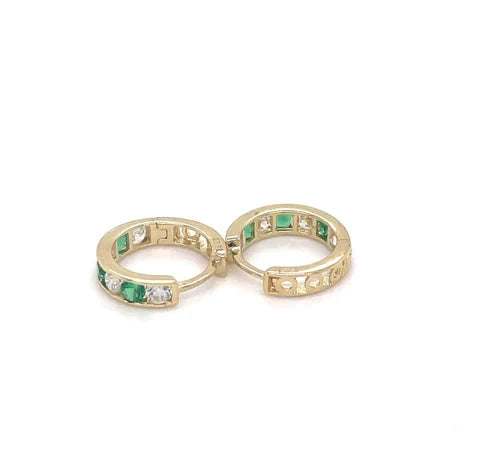 9ct Yellow Gold Emerald, Huggie Hinged Hoop Earrings, Gold Hinged Earrings