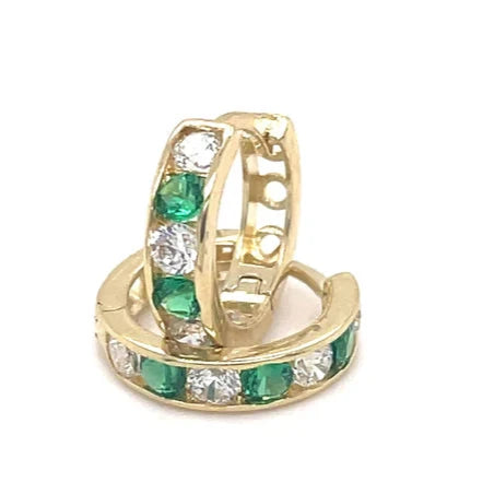 9ct Yellow Gold Emerald, Huggie Hinged Hoop Earrings, Gold Hinged Earrings