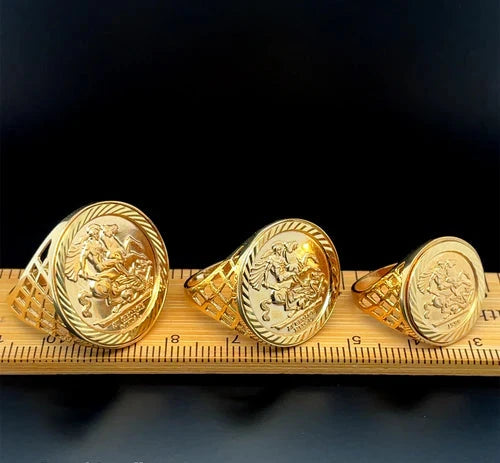 9ct Yellow Gold St George Rings Dragon Slayer FULL - HALF - 1/10 Design UK Hallmarked | Shop Online Anoushka Treasures UK