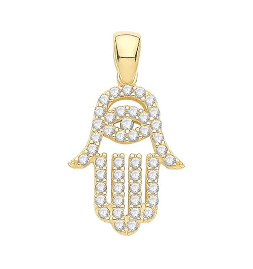 9ct Yellow Gold Hamsa Hand Simulated Diamond CZ Religious Charm Pendant UK Hallmarked