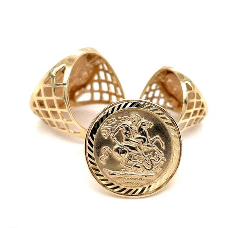 9ct Yellow Gold St George Rings Dragon Slayer FULL - HALF - 1/10 Design UK Hallmarked | Shop Online Anoushka Treasures UK
