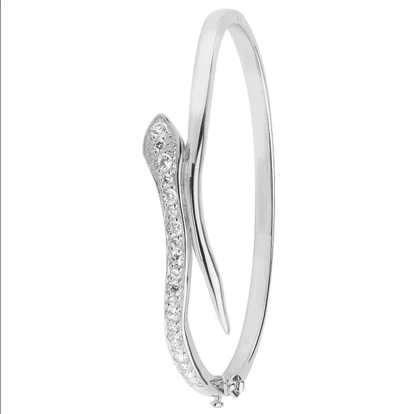 Silver Ladies Snake Design Simulated Diamond CZ Hinged Bangle