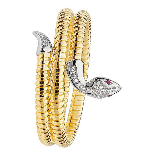 Silver Multi Layered Snake Ladies Bangle Yellow Gold Plated Red Eyes CZ Diamond Simulated Oval Chunky Design