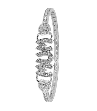 Silver MUM & Double Hearts Bangle CZ Simulated Diamond Oval Ladies Design