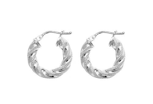 Silver TWISTED HOOP EARRINGS 925 Sterling Silver Diamond Cut Round Design UK Hallmarked
