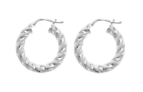 Silver TWISTED HOOP EARRINGS 925 Sterling Silver Diamond Cut Round Design UK Hallmarked