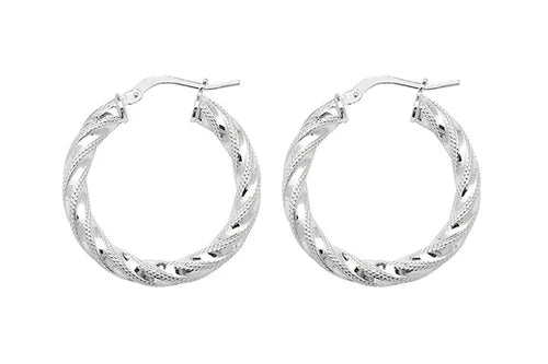 Silver TWISTED HOOP EARRINGS 925 Sterling Silver Diamond Cut Round Design UK Hallmarked