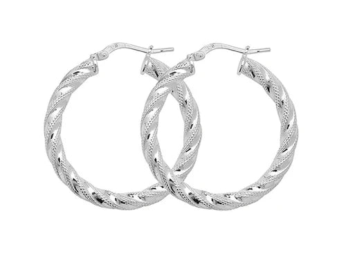 Silver TWISTED HOOP EARRINGS 925 Sterling Silver Diamond Cut Round Design UK Hallmarked