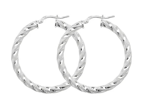 Silver TWISTED HOOP EARRINGS 925 Sterling Silver Diamond Cut Round Design UK Hallmarked