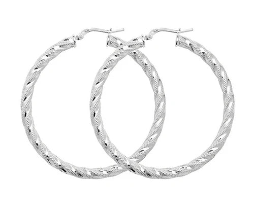 Silver TWISTED HOOP EARRINGS 925 Sterling Silver Diamond Cut Round Design UK Hallmarked