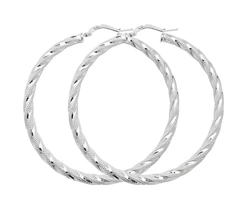 Silver TWISTED HOOP EARRINGS 925 Sterling Silver Diamond Cut Round Design UK Hallmarked