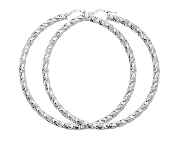 Silver TWISTED HOOP EARRINGS 925 Sterling Silver Diamond Cut Round Design UK Hallmarked