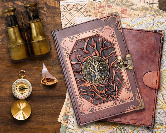 Genuine leather-bound journal notebook featuring tree of life by Anoushka Treasures